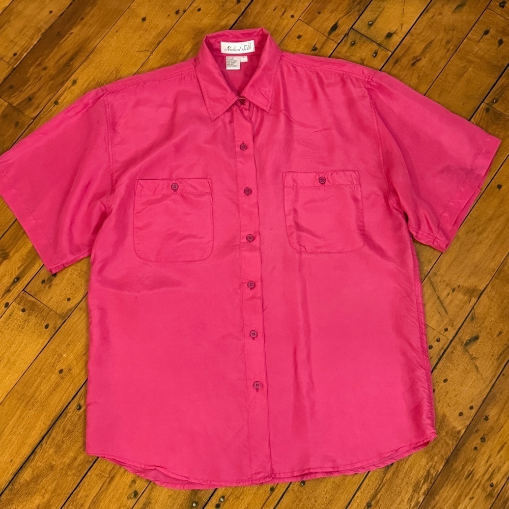 Naked Silk 100% Silk Camp Shirt with Pockets Hot Pink Small